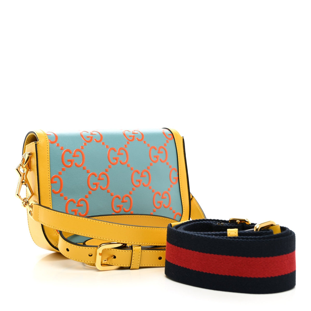 Azalea Calfskin GG Monogram Bi-Color Debossed Mini Horsebit 1955 Shoulder Bag Dusty Azure Stone Topaz Deep Orange