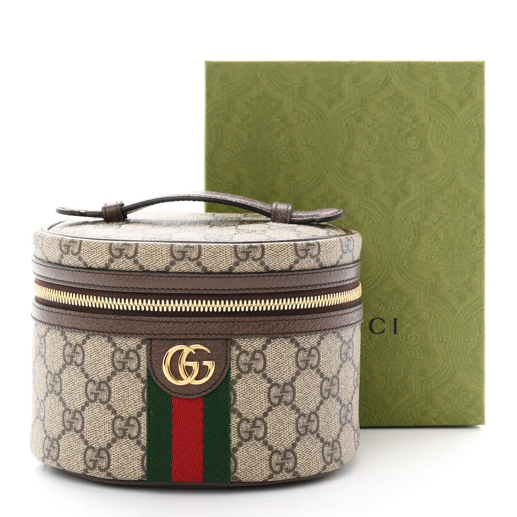 GG Supreme Monogram Textured Calfskin Web Ophidia Vanity Cosmetic Case Beige Ebony New Acero