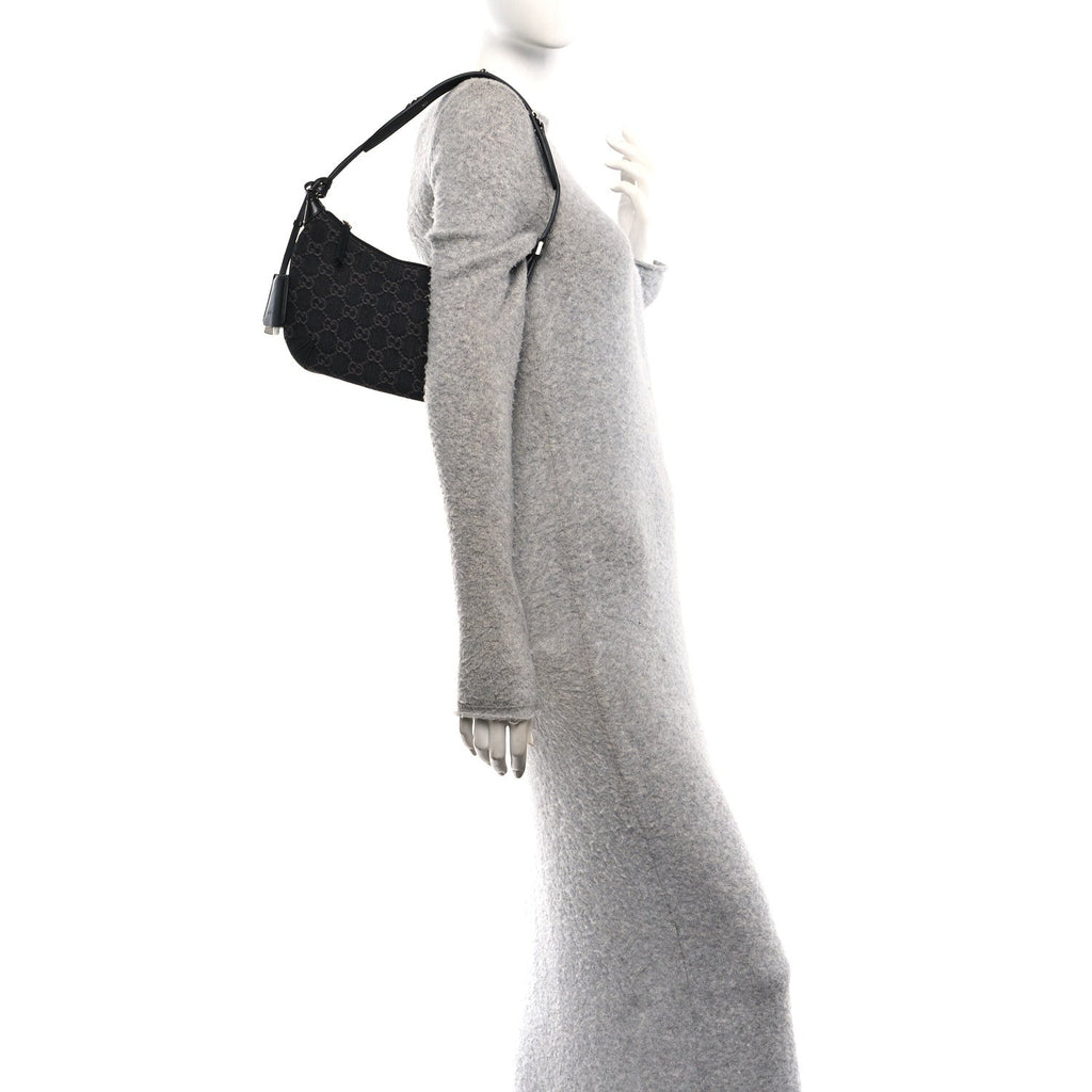 Jacquard Black Denim GG Monogram Horsebit Slim Small Shoulder Bag Black Grey