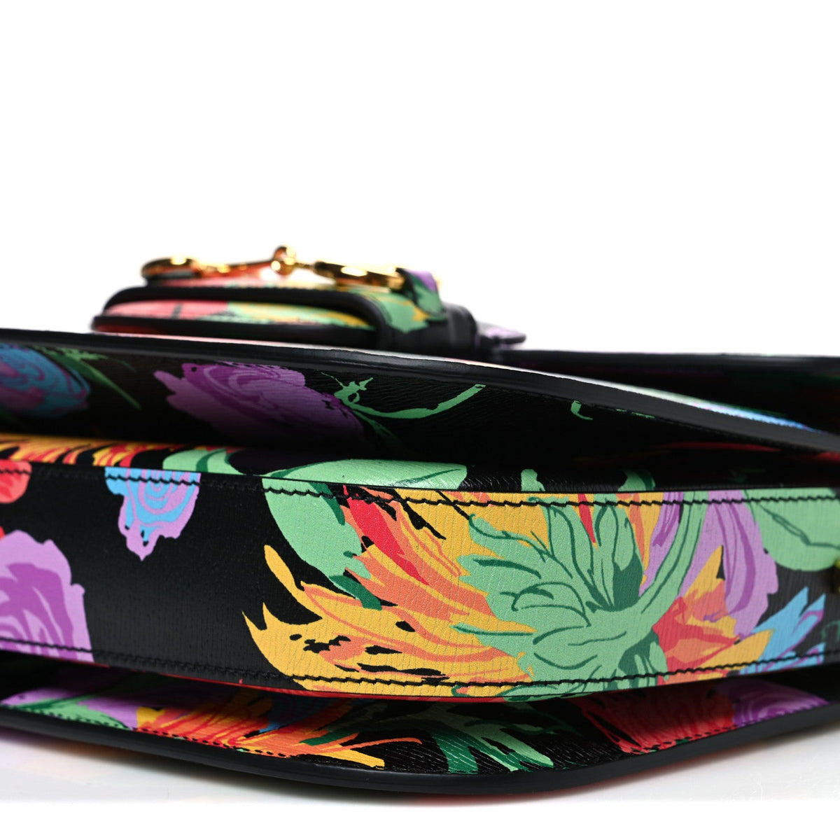 X KEN SCOTT New Shangai Calfskin Jenny Floral Print Horsebit 1955 Shoulder Bag Black Pink