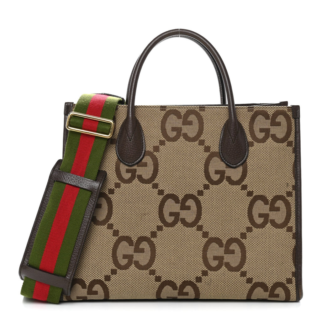 Monogram Jumbo GG Textured Dollar Calfskin Web Small Tote Bag Camel Ebony New Acero
