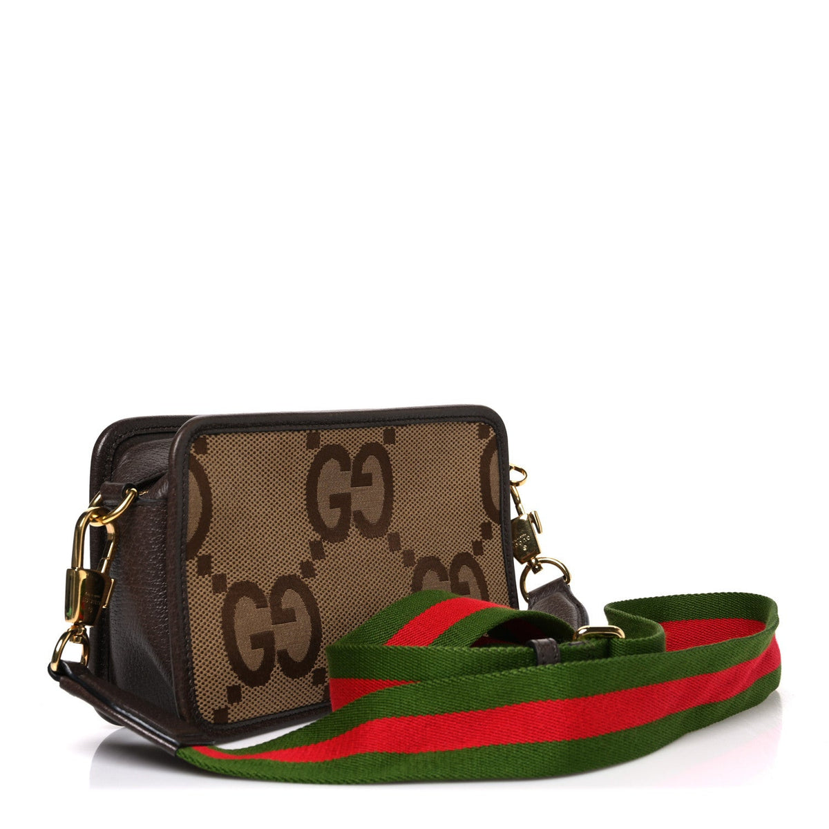 Monogram Jumbo GG Textured Dollar Calfskin Web Mini Crossbody Bag Camel Ebony New Acero