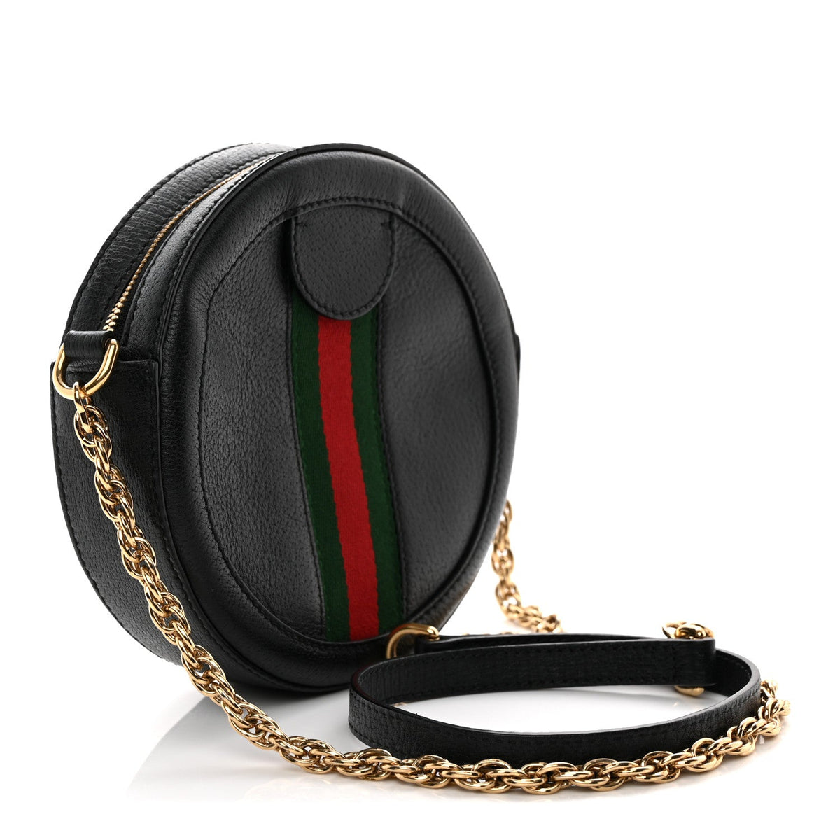 Grained Calfskin Web Mini Ophidia Round Shoulder Bag Black