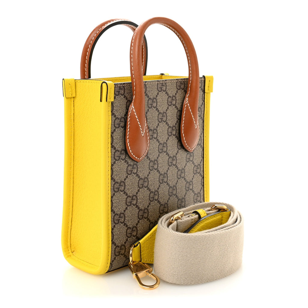 GG Supreme Monogram Textured Dollar Calfskin Heart Interlocking G Mini Vertical Tote Beige Ebony Harness Brown Yellow