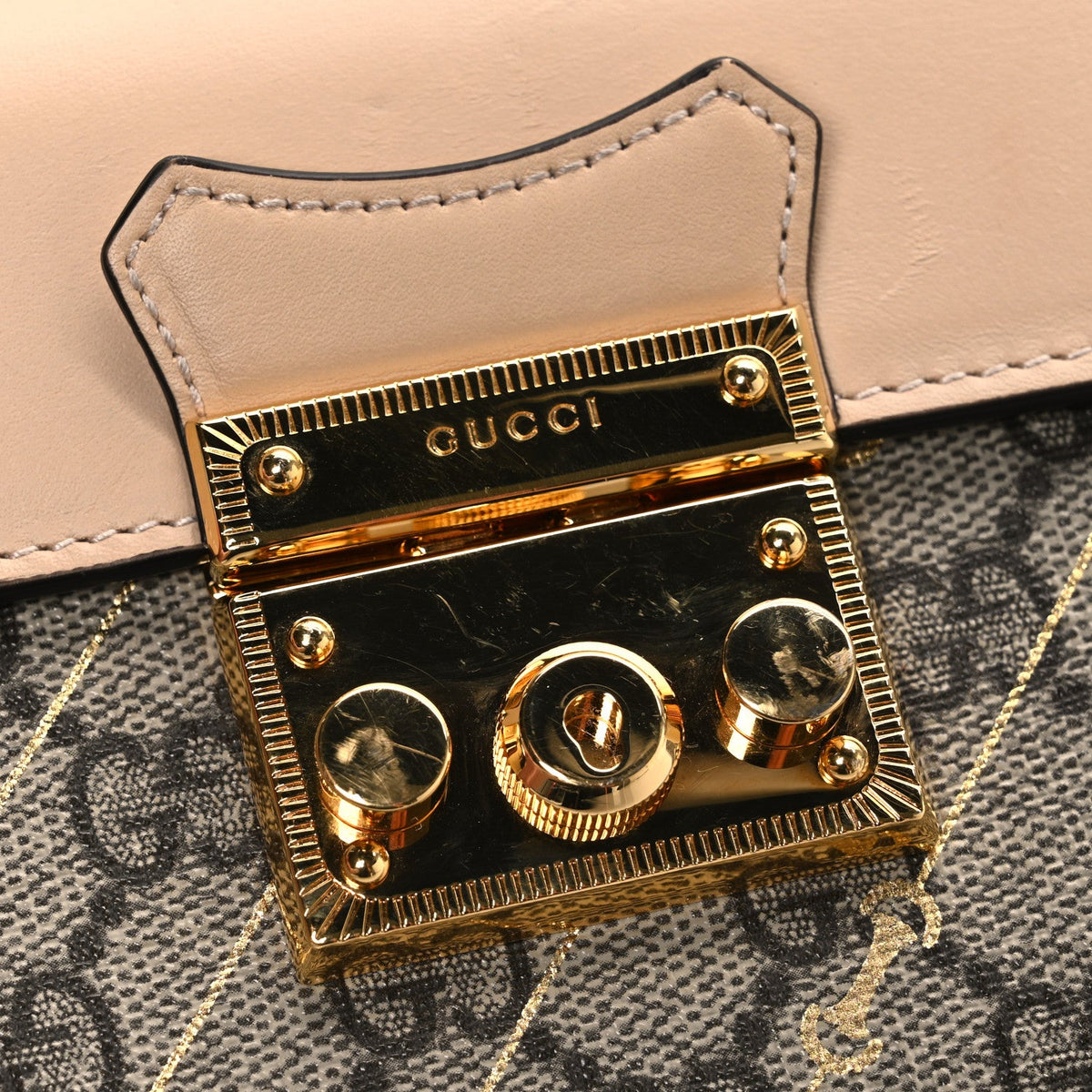 GG Supreme Monogram Calfskin Horsebit Print Mini Padlock Top Handle Shoulder Bag Beige Ebony Light Pink