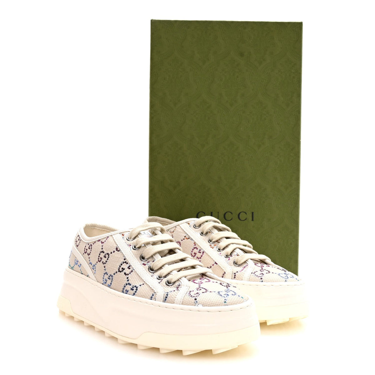 Canvas Lame Crystal GG Monogram Womens 1977 Tennis Platform 52mm Sneakers 38 Gardenia Silver Mystic White