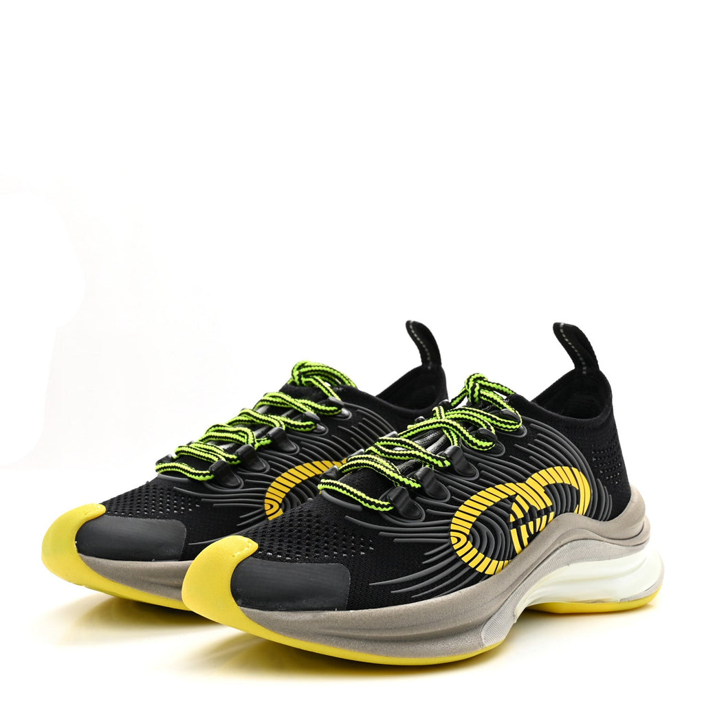 Technical Knit Fabric Waves Womens Gucci Run Sneakers 35.5 Black Silver Giallo Neon Yellow