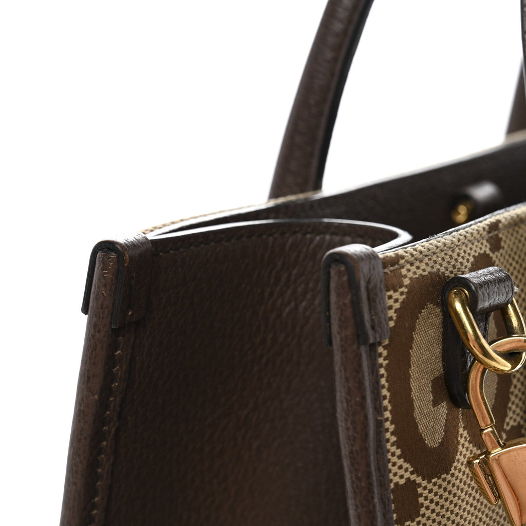 Monogram Jumbo GG Textured Dollar Calfskin Web Small Tote Bag Camel Ebony New Acero