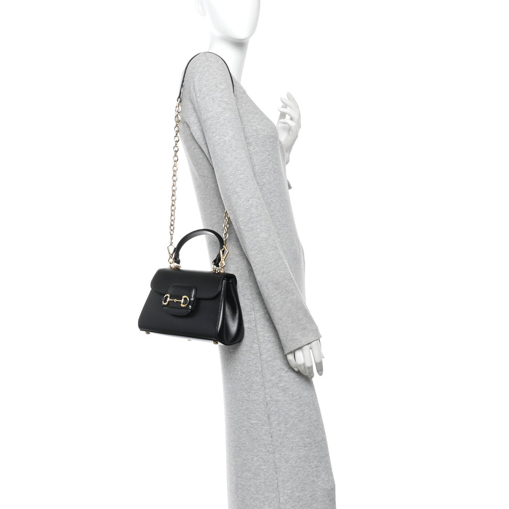 Glazed Textured Calfskin Mini Horsebit 1955 Top Handle Flap Bag Black