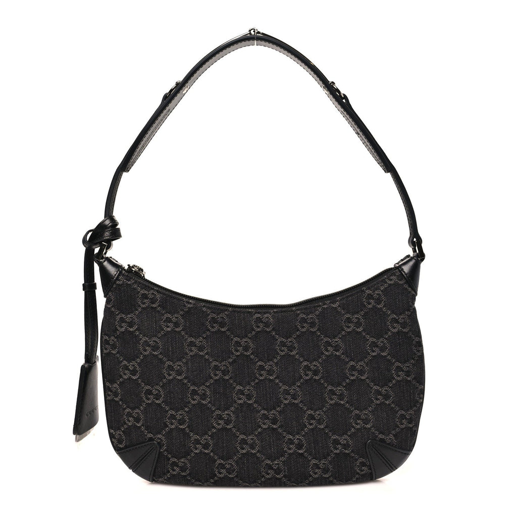Jacquard Black Denim GG Monogram Horsebit Slim Small Shoulder Bag Black Grey