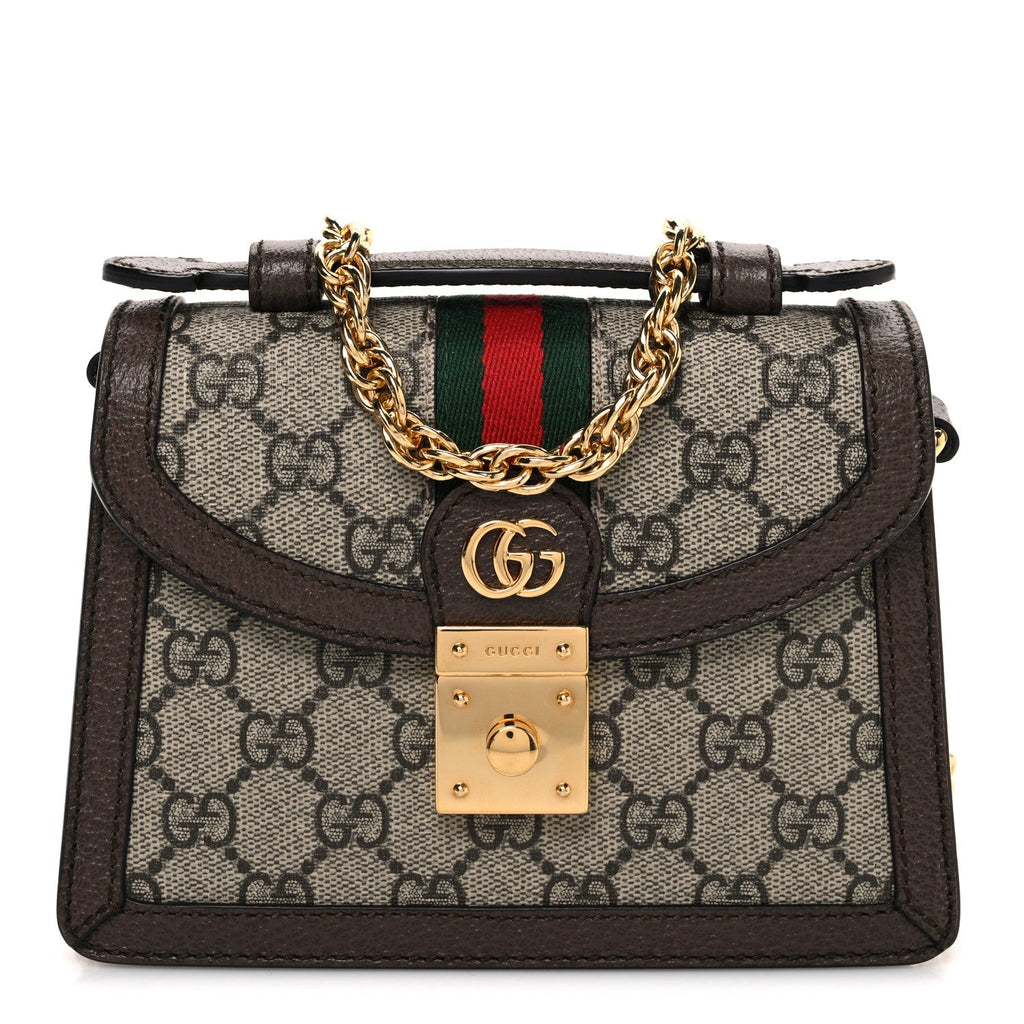 GG Supreme Monogram Textured Dollar Calfskin Web Mini Ophidia Padlock Top Handle Chain Shoulder Bag Beige Ebony New Acero