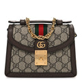 GG Supreme Monogram Textured Dollar Calfskin Web Mini Ophidia Padlock Top Handle Chain Shoulder Bag Beige Ebony New Acero