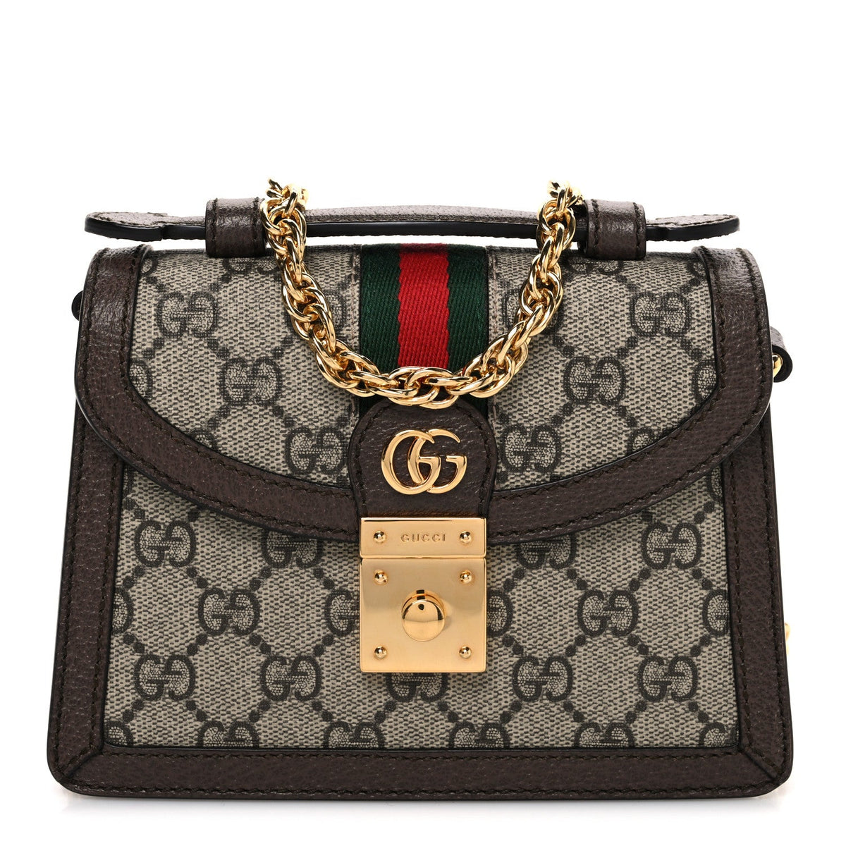 GG Supreme Monogram Textured Dollar Calfskin Web Mini Ophidia Padlock Top Handle Chain Shoulder Bag Beige Ebony New Acero