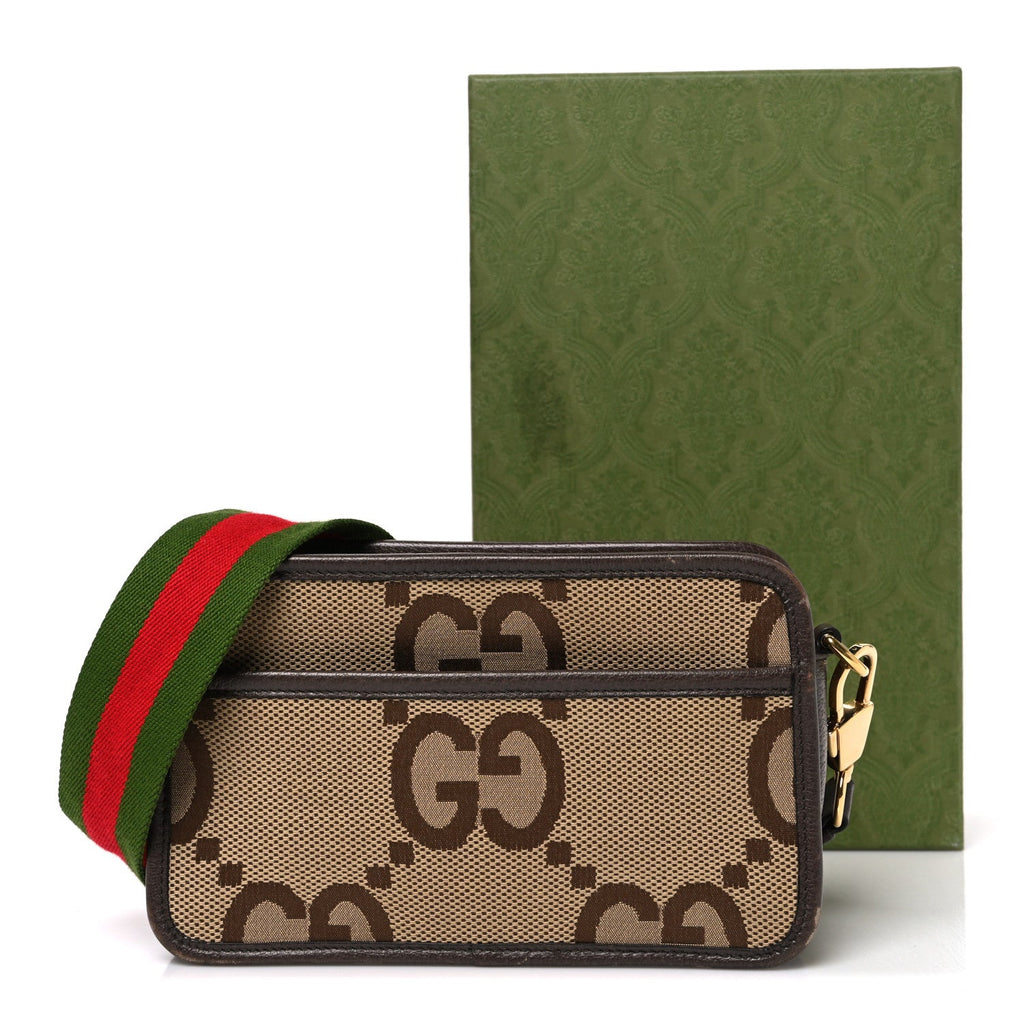 Monogram Jumbo GG Textured Dollar Calfskin Web Mini Crossbody Bag Camel Ebony New Acero