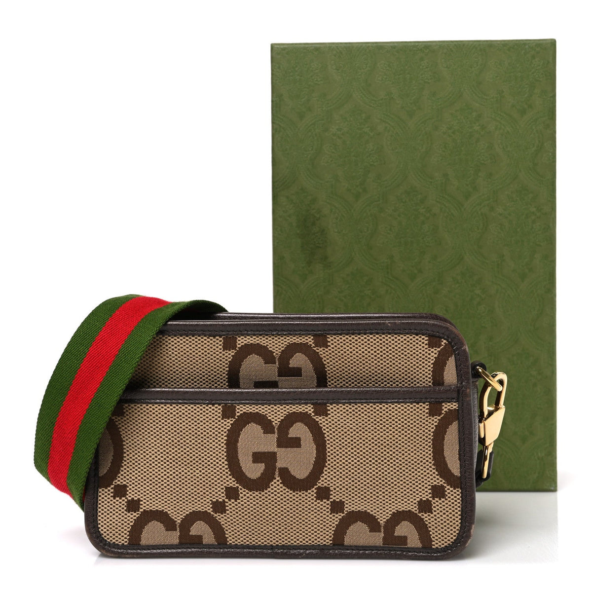 Monogram Jumbo GG Textured Dollar Calfskin Web Mini Crossbody Bag Camel Ebony New Acero