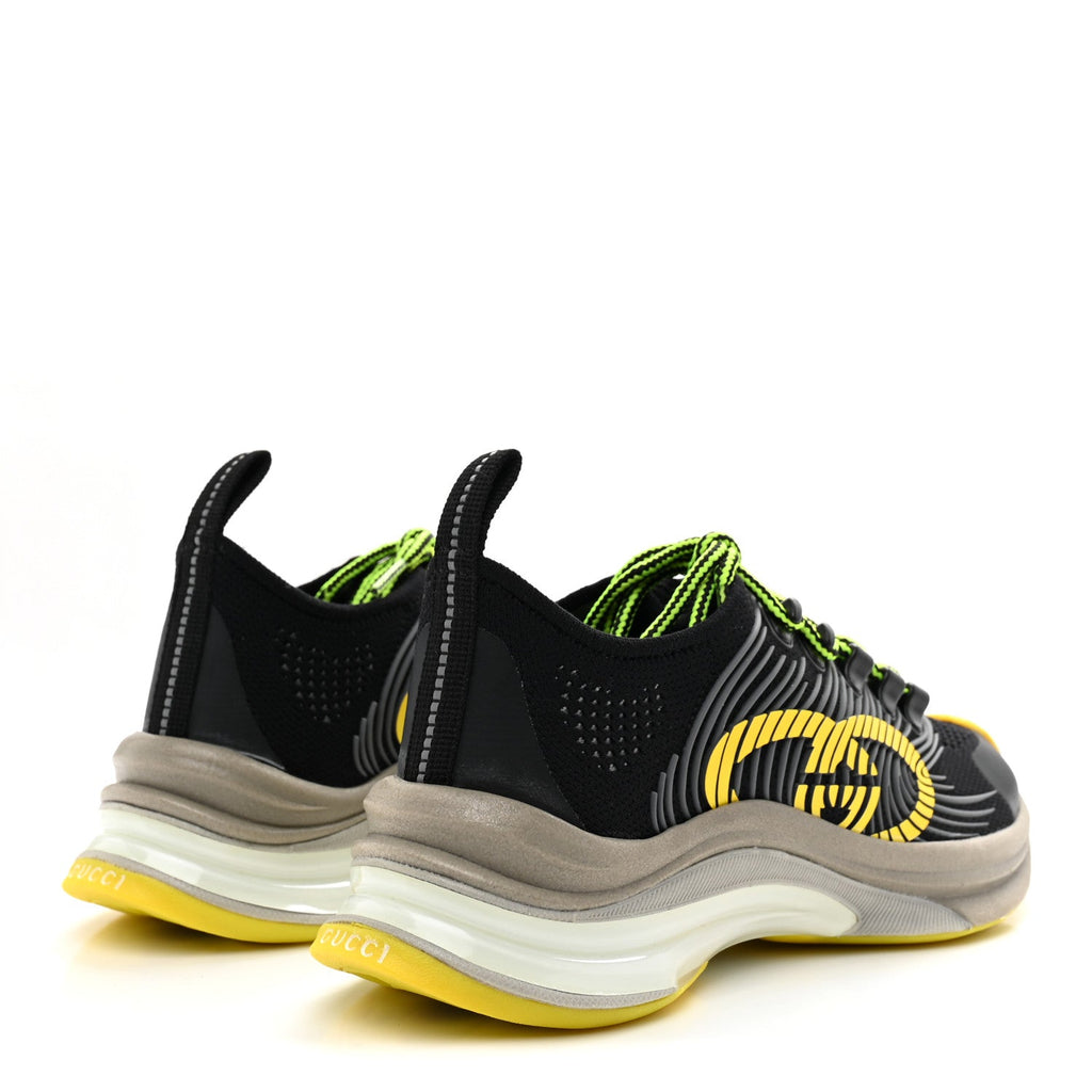 Technical Knit Fabric Waves Womens Gucci Run Sneakers 35.5 Black Silver Giallo Neon Yellow