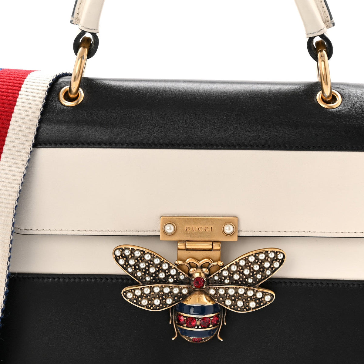 Calfskin Sylvie Web Small Queen Margaret Top Handle Bag Black White