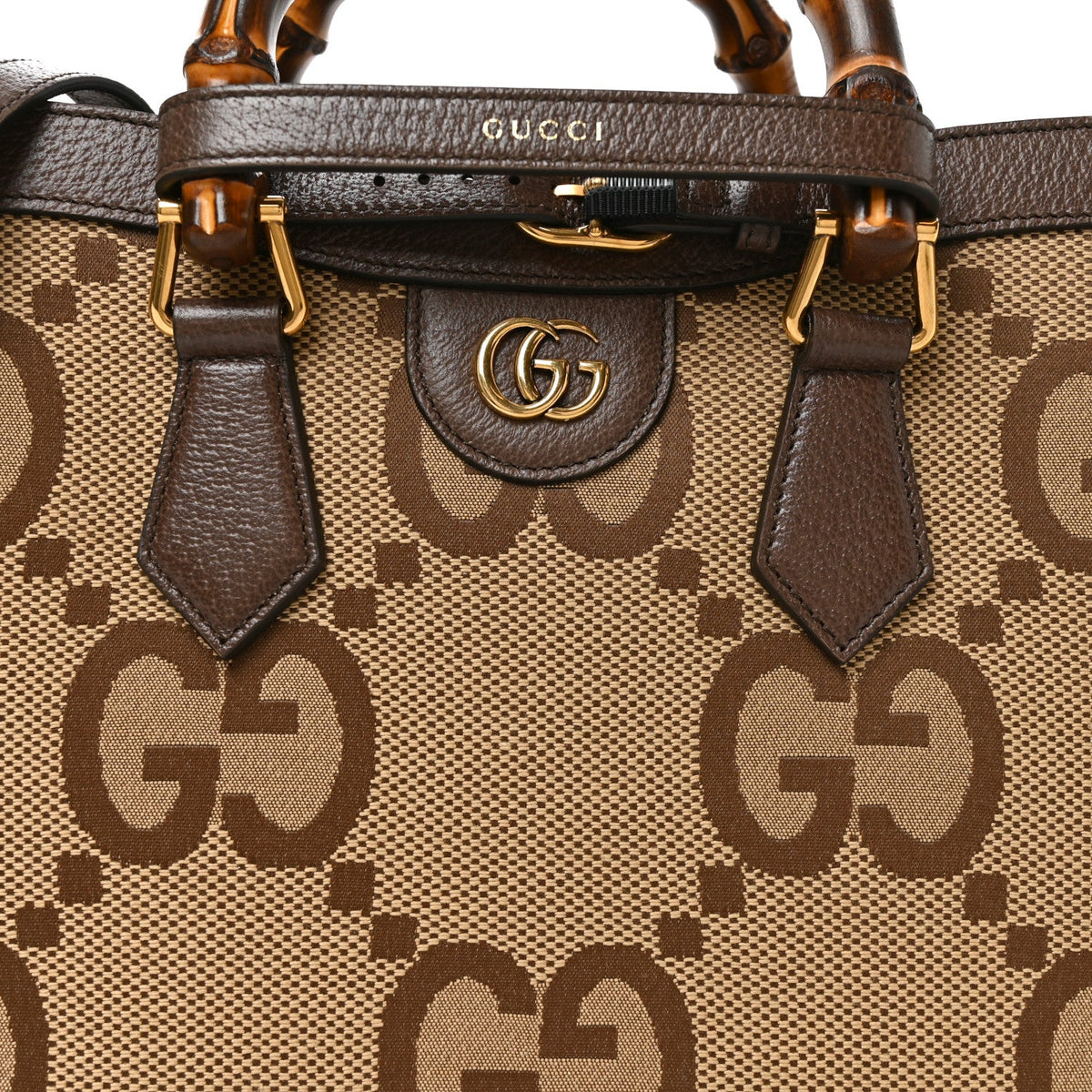Monogram Jumbo GG Textured Dollar Calfskin Small Diana Tote Bag Camel Ebony New Acero