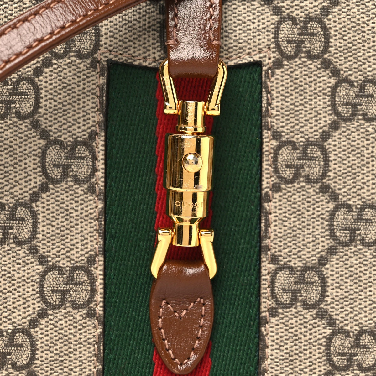 GG Supreme Monogram Azalea Calfskin Web Mini Jackie 1961 Hobo Beige Ebony Brown Sugar