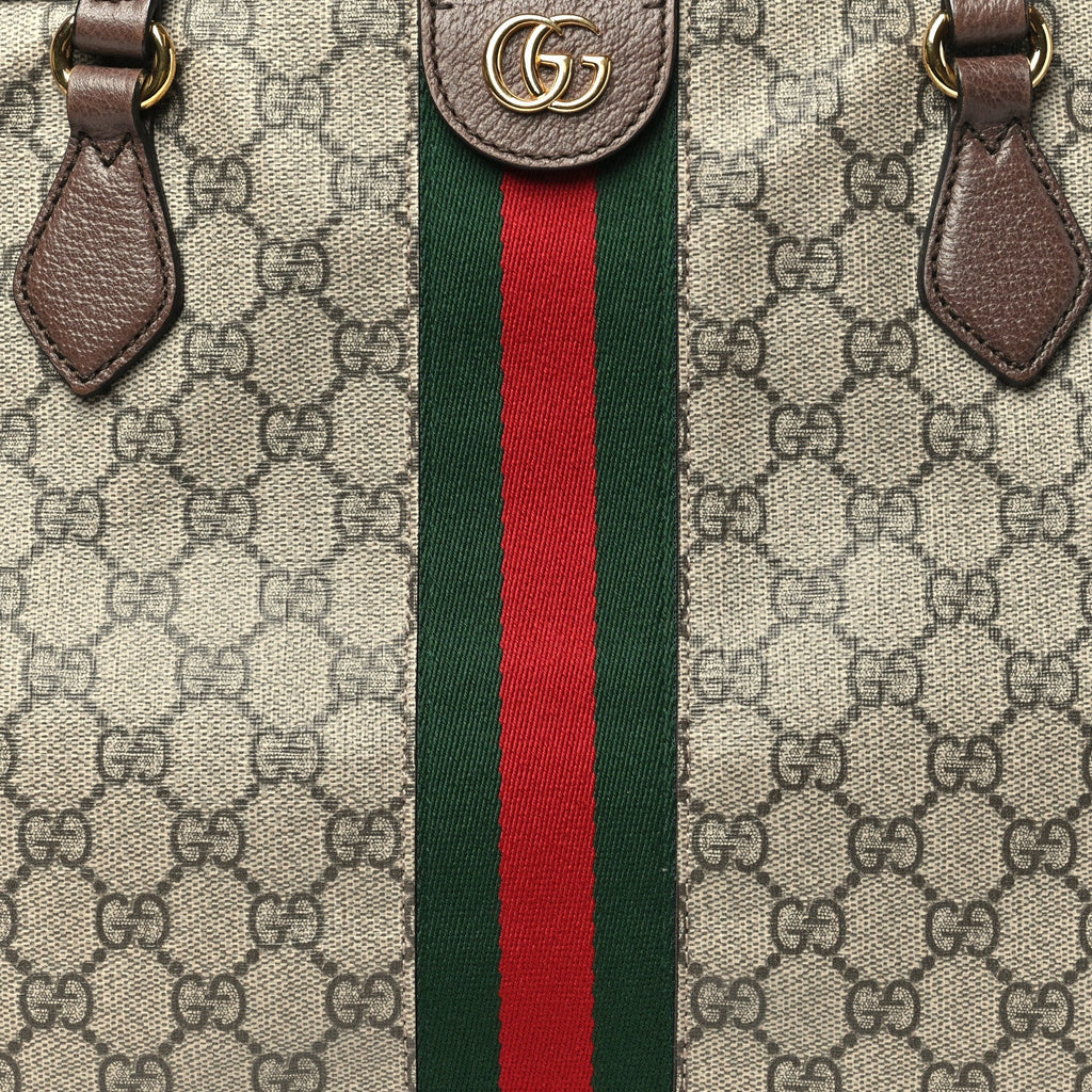 GG Supreme Monogram Textured Calfskin Web Medium Ophidia Shopping Tote Beige Ebony New Acero