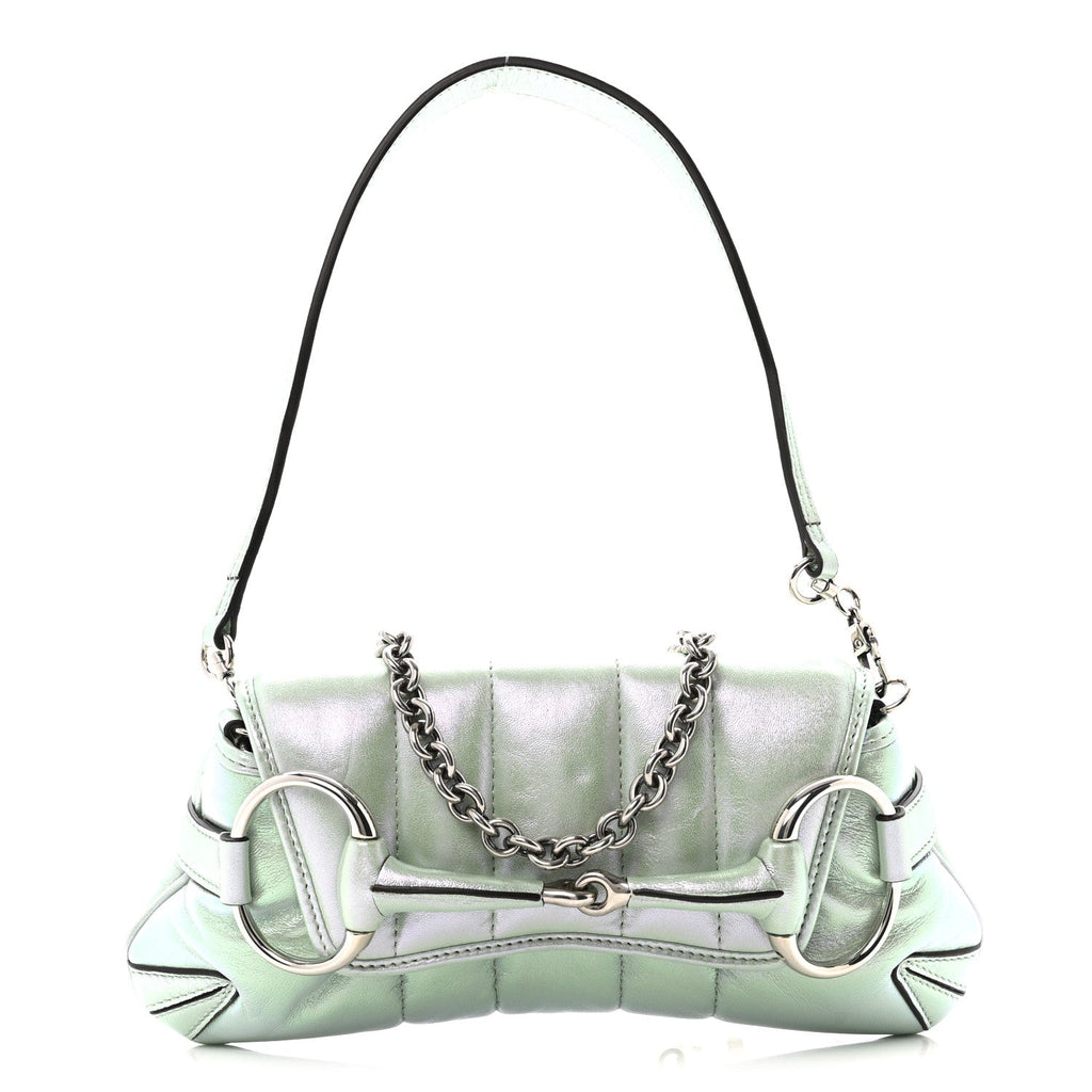 Iridescent Nappa Vertical Matelasse Small Maxi Horsebit Chain Shoulder Bag Iridescent Salvy Green