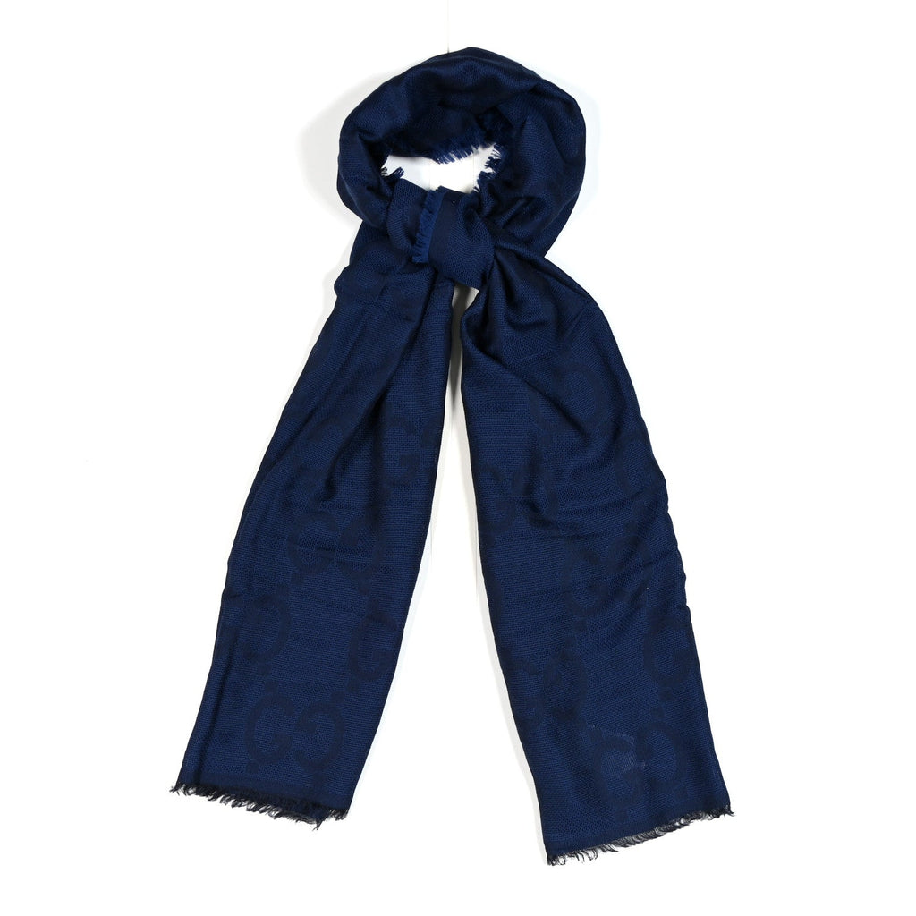Wool Silk Monogram Jumbo GG Fringe Scarf Navy Blue Navy Blue