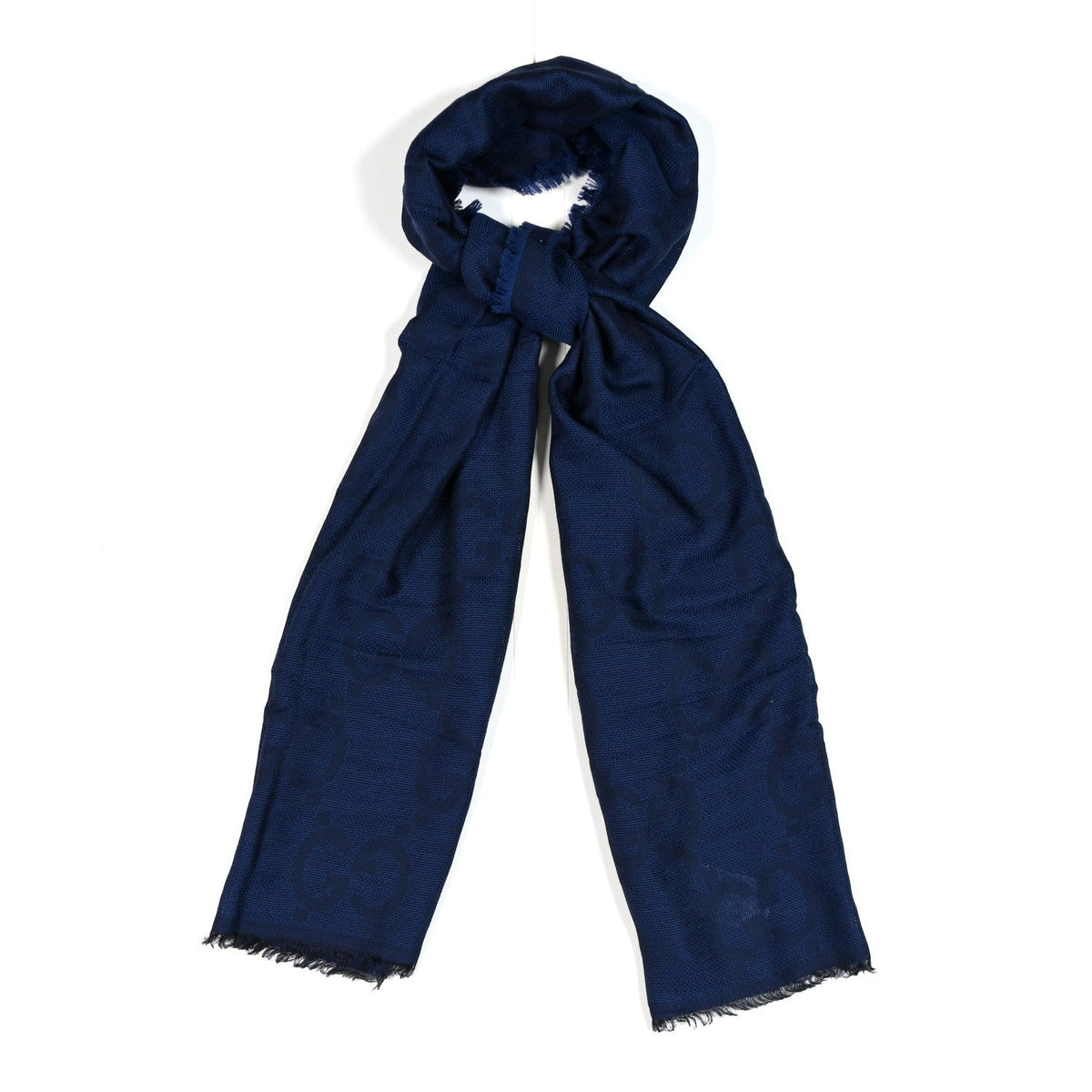 Wool Silk Monogram Jumbo GG Fringe Scarf Navy Blue Navy Blue