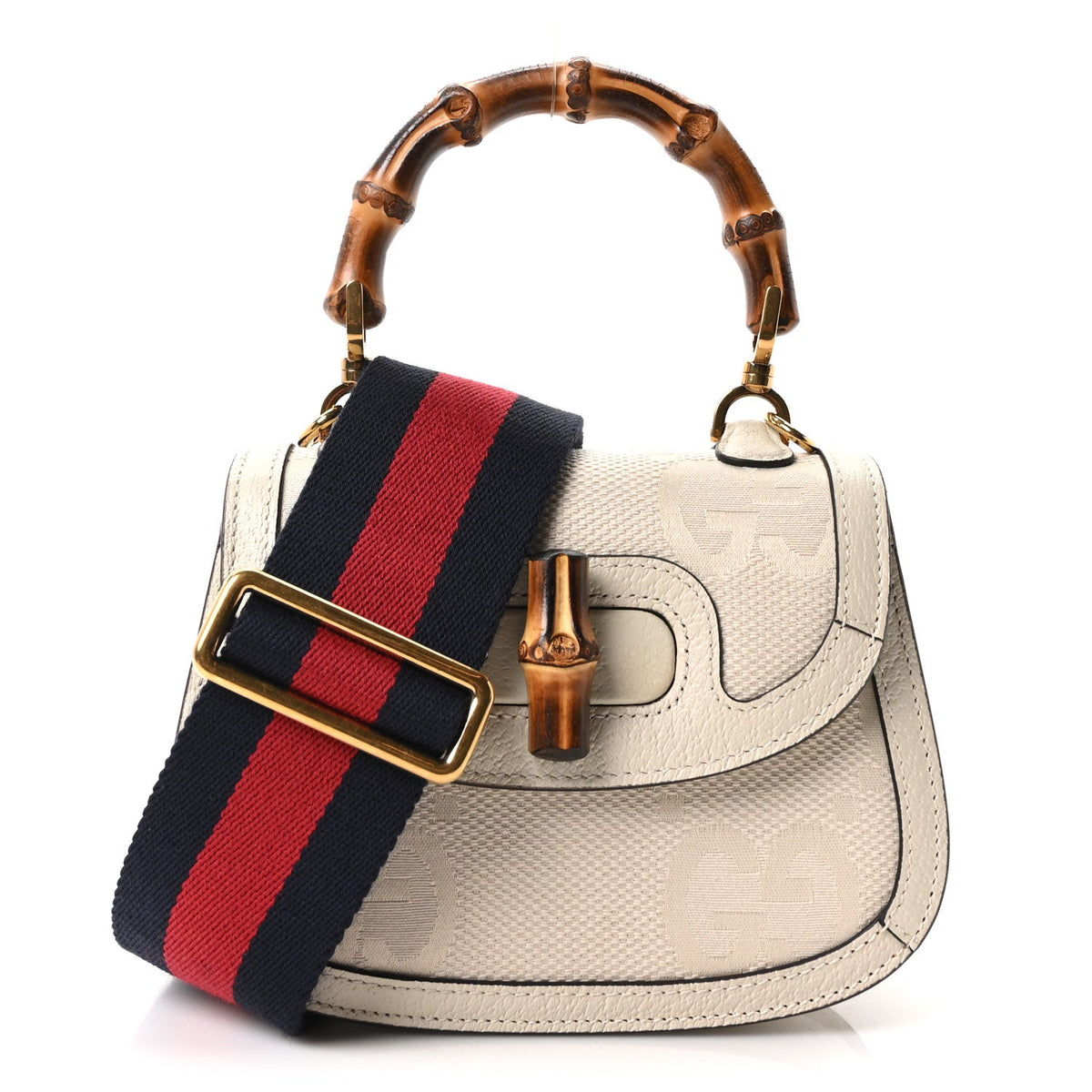 Monogram Jumbo GG Textured Dollar Calfskin Web Mini Bamboo 1947 Top Handle Bag Off White