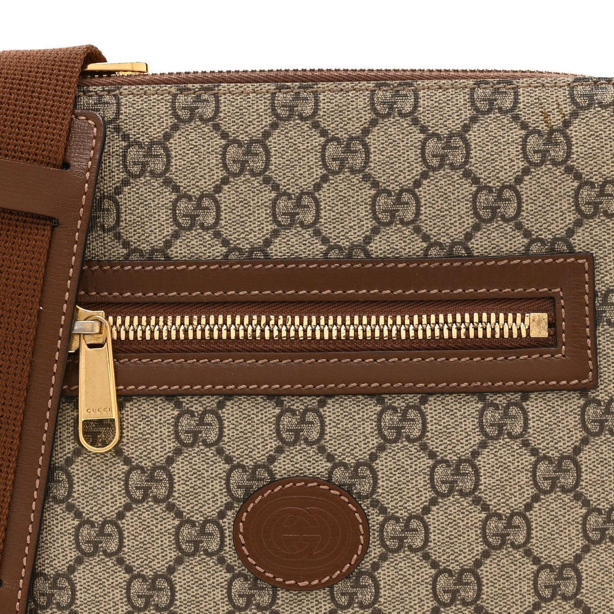 GG Supreme Monogram Azalea Calfskin Retro Interlocking G Flat Messenger Bag Beige Ebony Brown Sugar