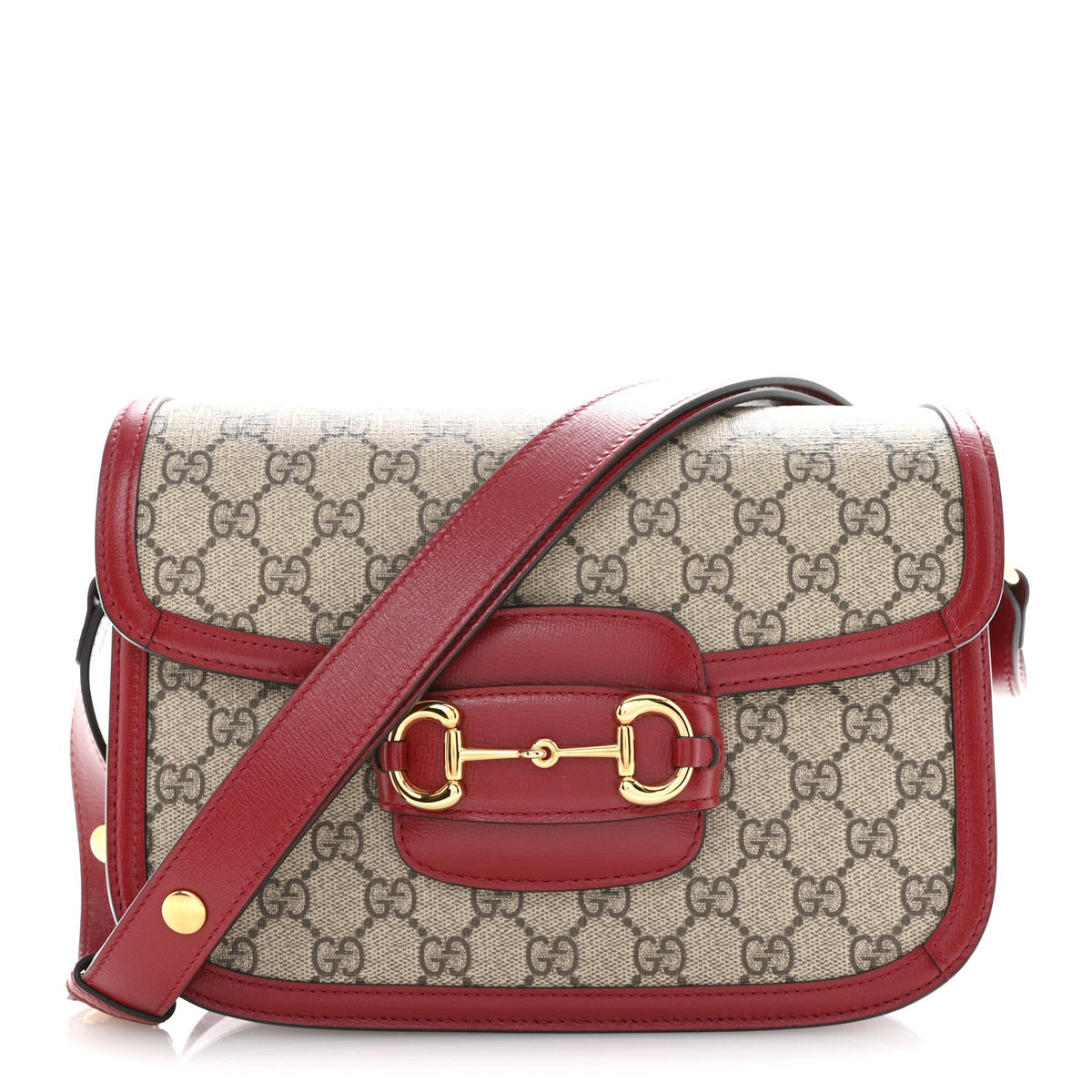 GG Supreme Monogram Azalea Calfskin Horsebit 1955 Shoulder Bag Beige Ebony New Cherry Red
