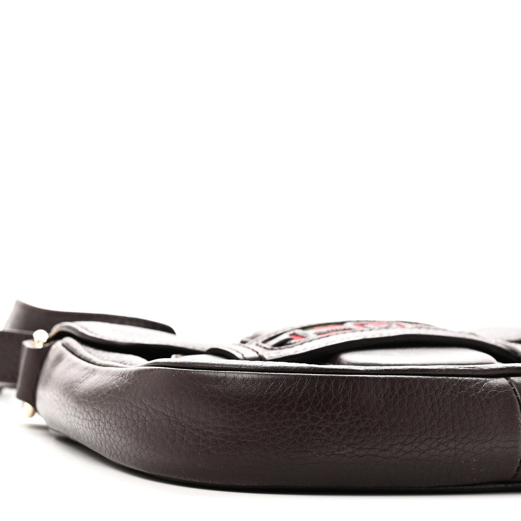 Pebbled Calfskin Web Small Dressage Shoulder Bag Dark Brown