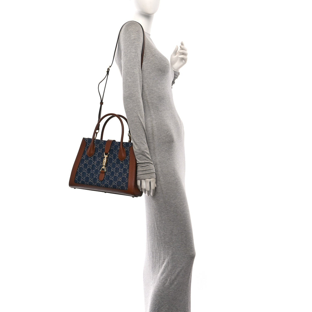New Denim GG Monogram Dollar Calfskin Medium Jackie 1961 Tote Blue Tea Cuir Epilog