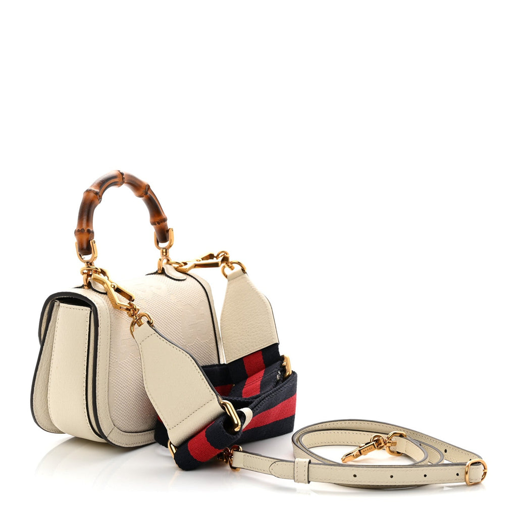 Monogram Jumbo GG Textured Dollar Calfskin Web Mini Bamboo 1947 Top Handle Bag Off White
