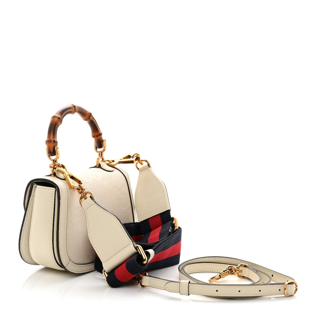 Monogram Jumbo GG Textured Dollar Calfskin Web Mini Bamboo 1947 Top Handle Bag Off White