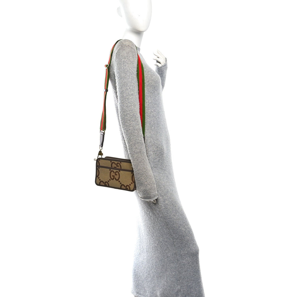 Monogram Jumbo GG Textured Dollar Calfskin Web Mini Crossbody Bag Camel Ebony New Acero