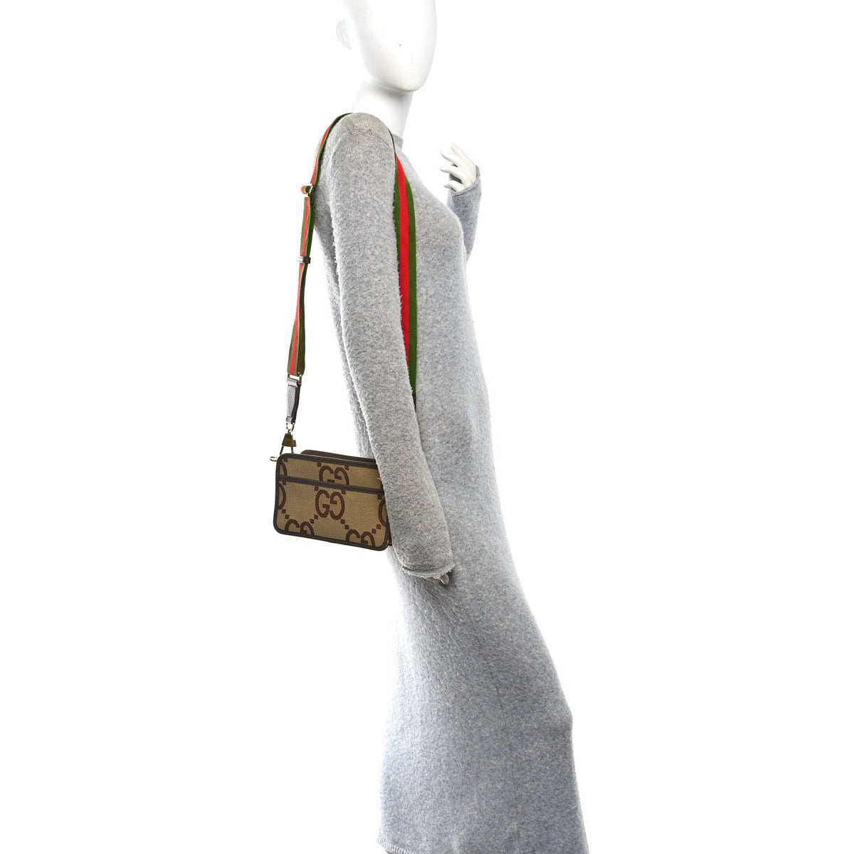 Monogram Jumbo GG Textured Dollar Calfskin Web Mini Crossbody Bag Camel Ebony New Acero