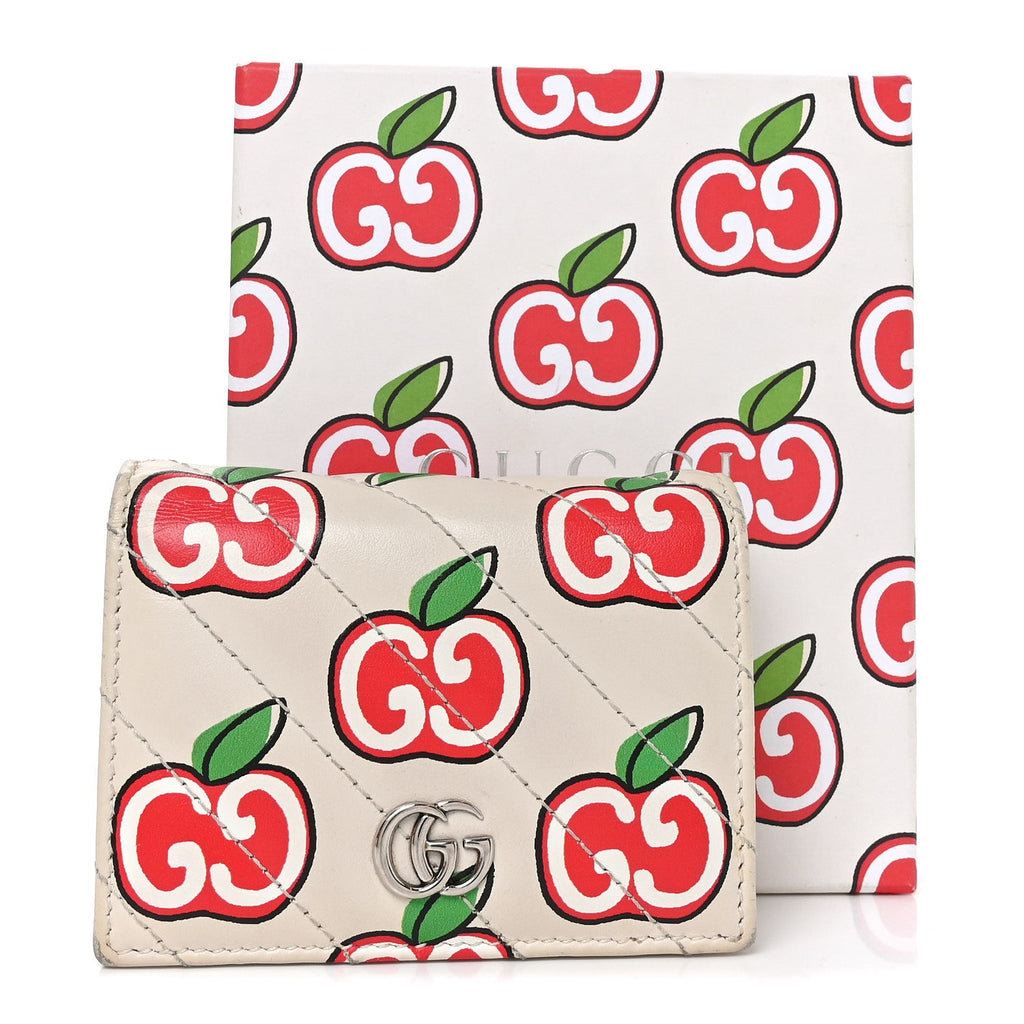 Calfskin Matelasse Diagonal GG Apple GG Marmont Card Case Wallet Ivory