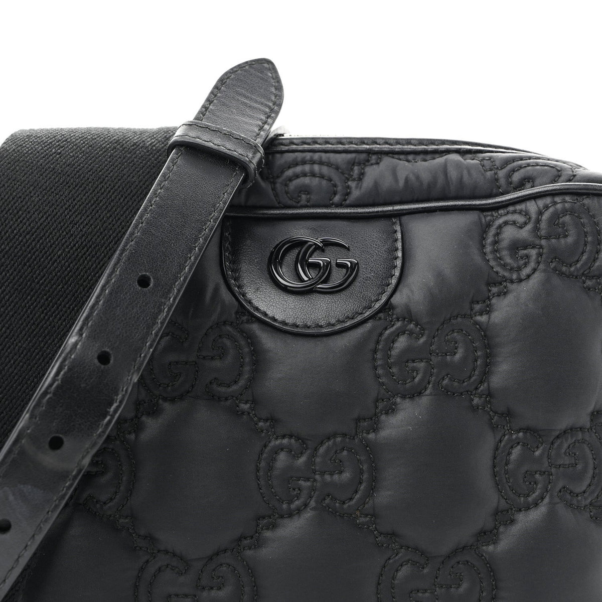 Nylon Calfskin Enamel GG Matelasse Shoulder Bag Black
