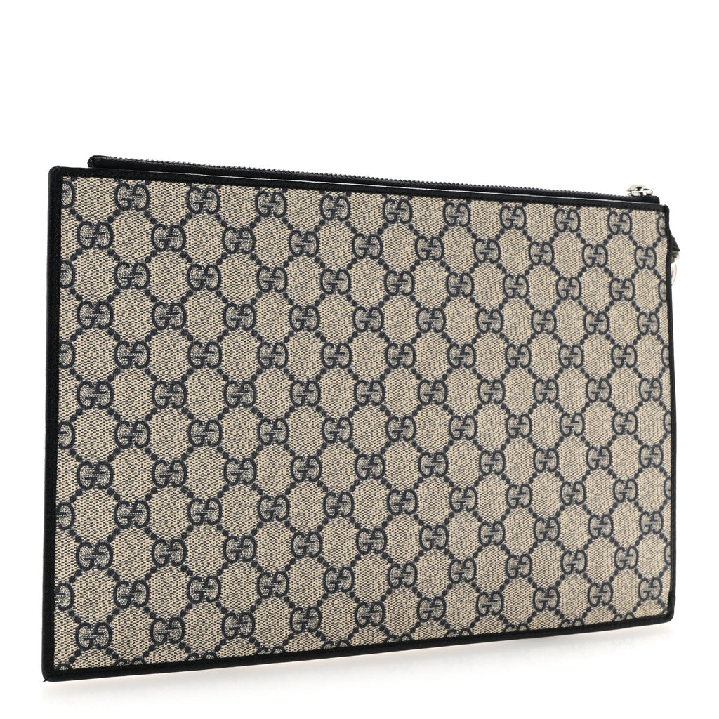 GG Supreme Monogram Textured Dollar Calfskin Retro Interlocking G Wristlet Pouch Beige Blue