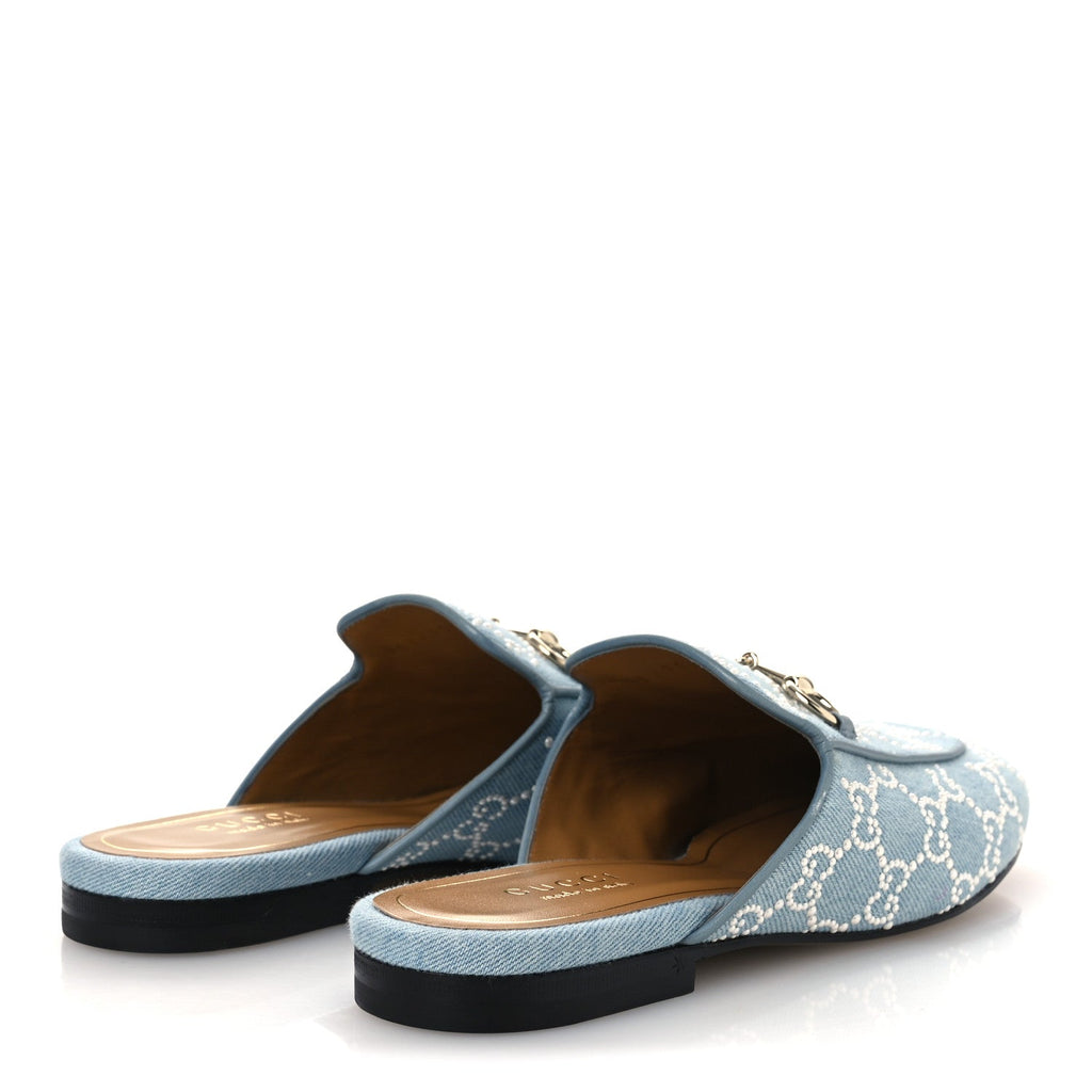 GG Denim Monogram Pearl Womens Princetown Slippers 37 Light Blue