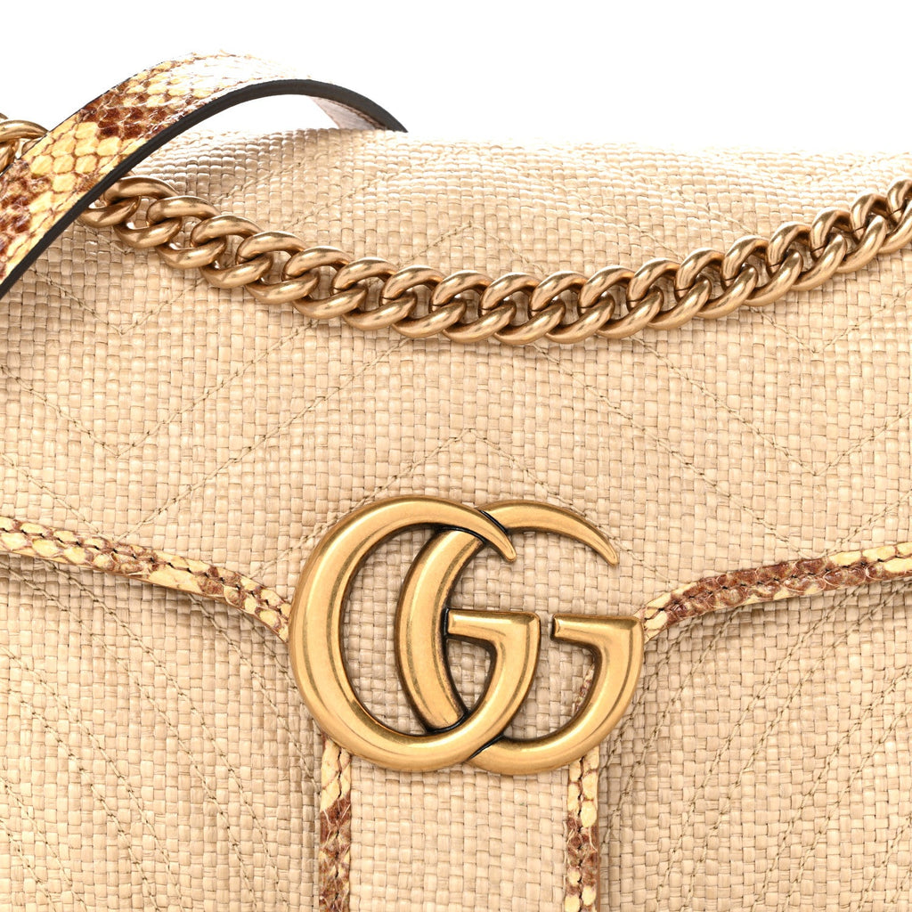 Raffia Elaphe Matelasse Small GG Marmont Shoulder Bag Natural Cream Brown