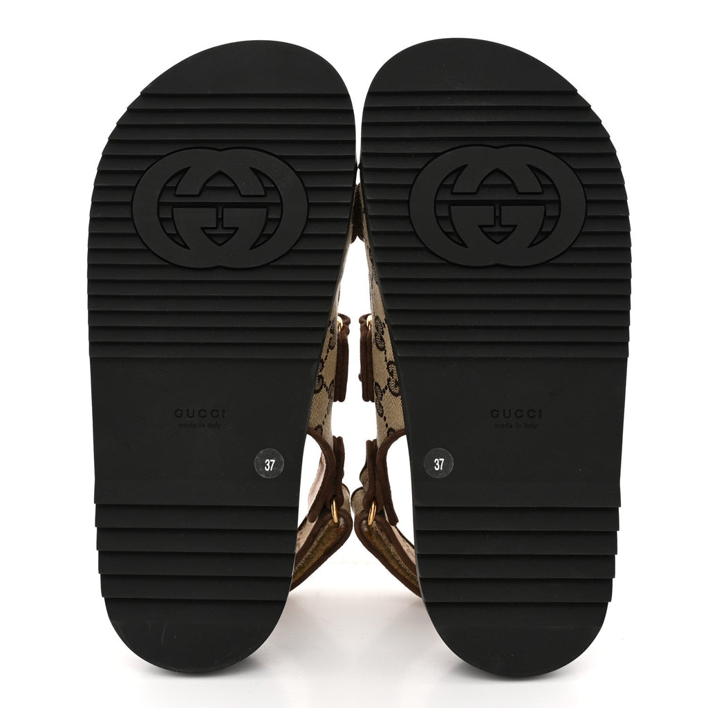 GG Monogram Lavaredo Eco Fabric Womens Slide Sandals With Straps 37 Beige Ebony Light Brown