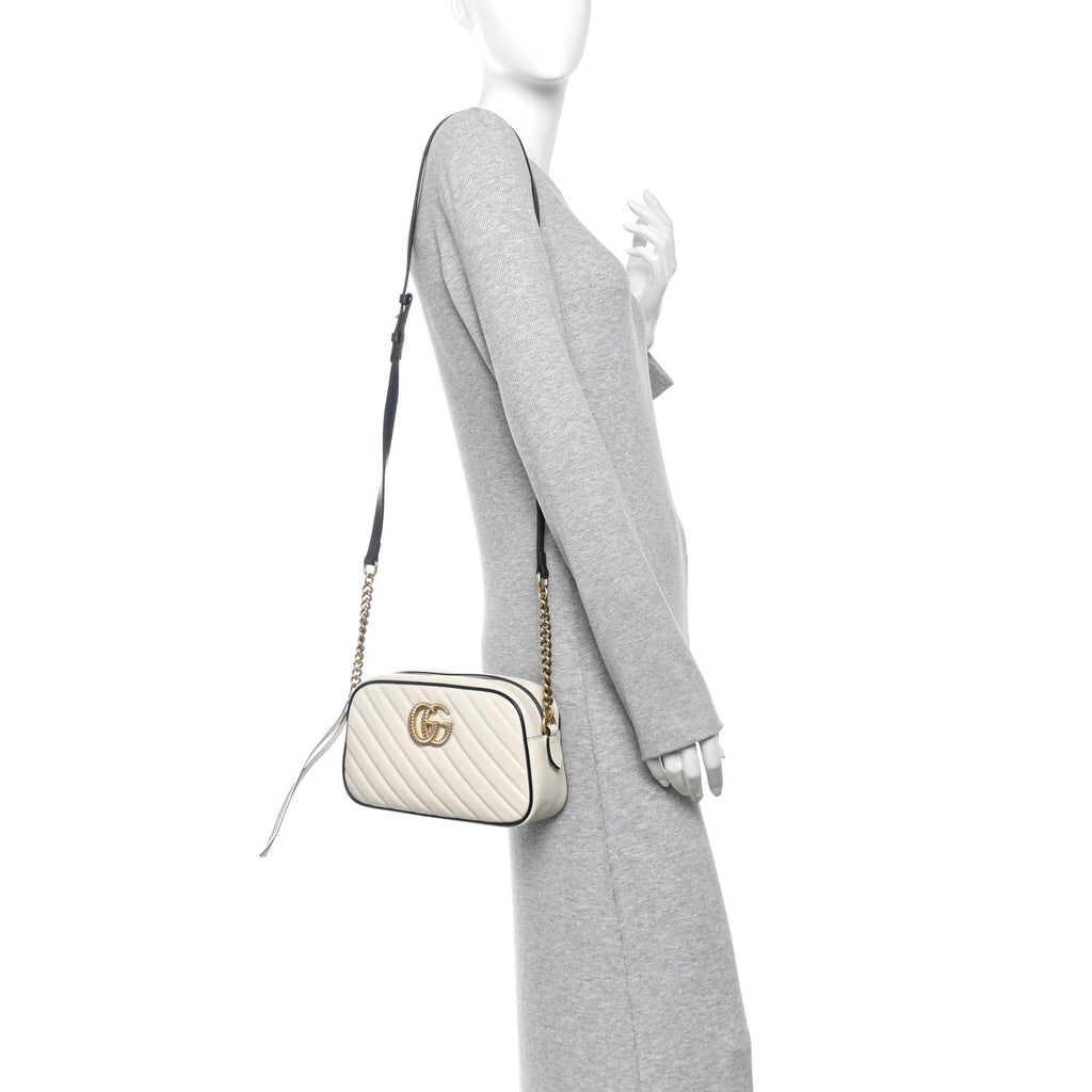 Vintage Effect Calfskin Matelasse Diagonal Small Torchon GG Marmont Chain Shoulder Bag Mystic White Blue Agata