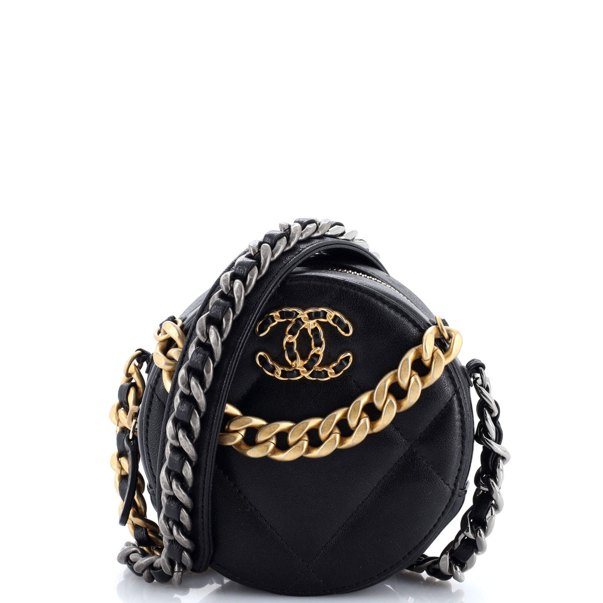 19 Round Clutch with Chain Quilted Leather
