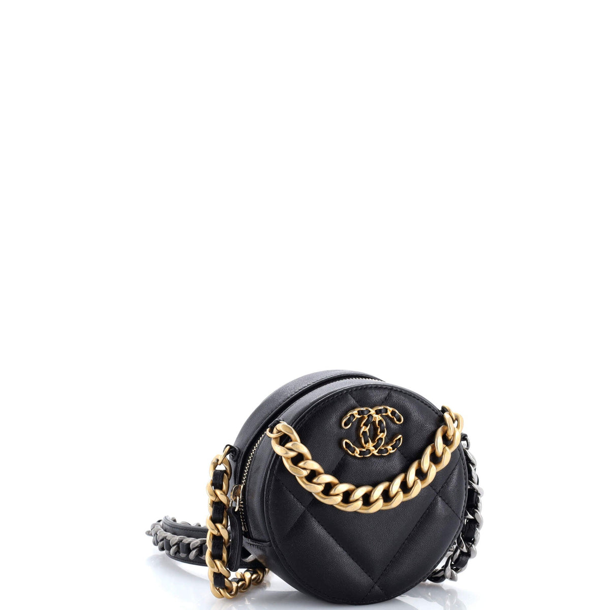 19 Round Clutch with Chain Quilted Leather
