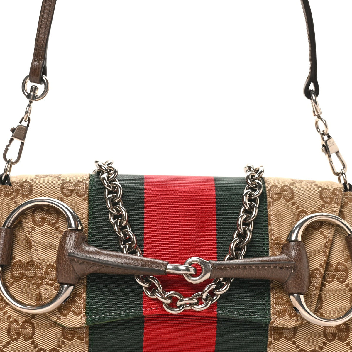 Monogram Textured Dollar Calfskin Heavy Grosgrain Web Small Maxi Horsebit Chain Shoulder Bag Beige Ebony New Acero