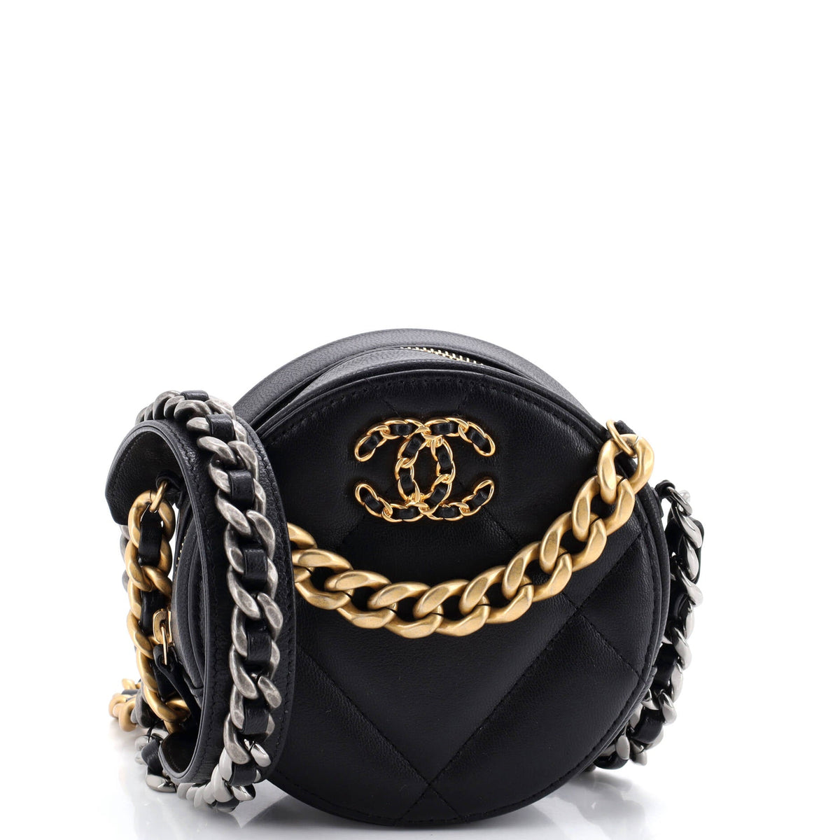 19 Round Clutch with Chain Quilted Leather