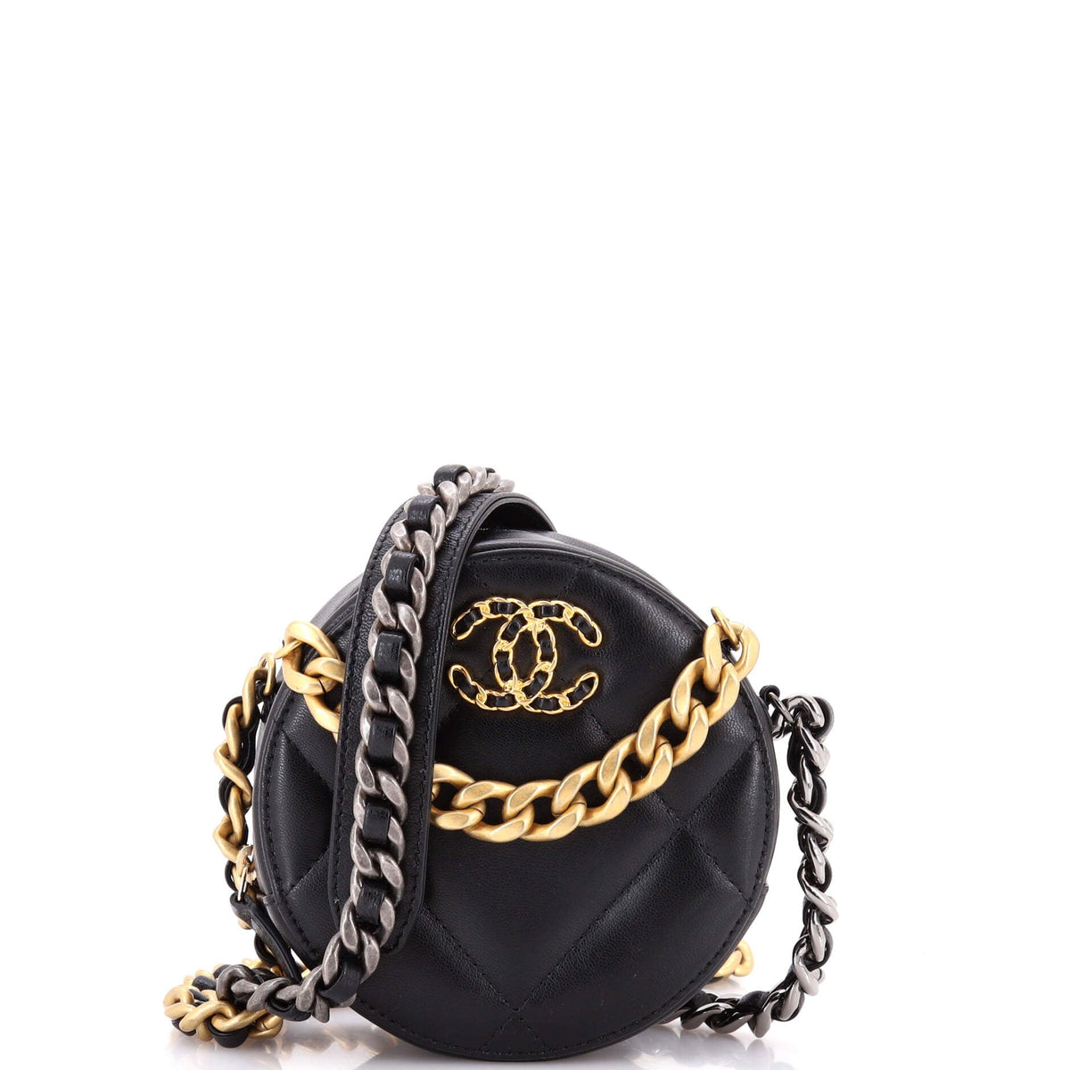 19 Round Clutch with Chain Quilted Leather