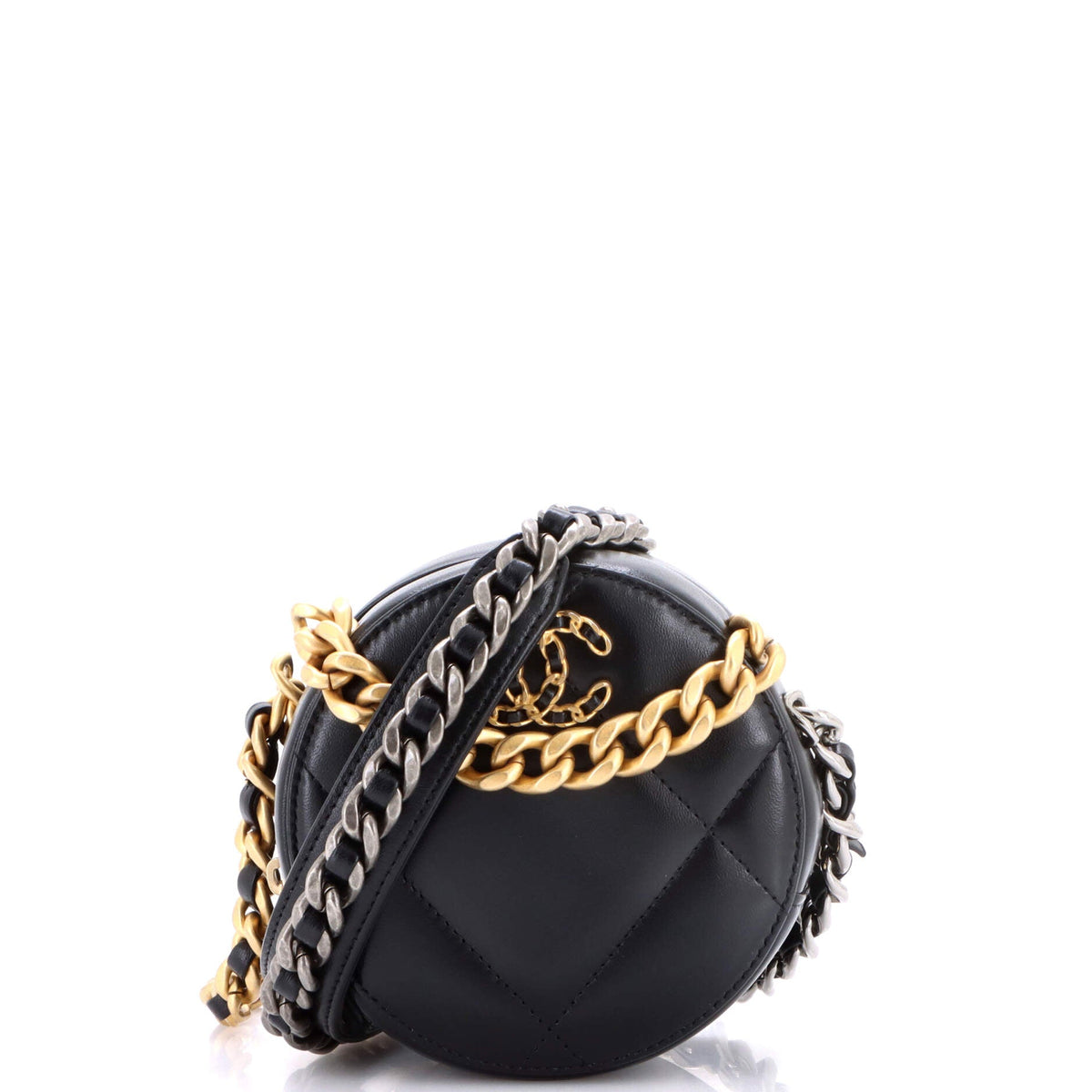 19 Round Clutch with Chain Quilted Leather