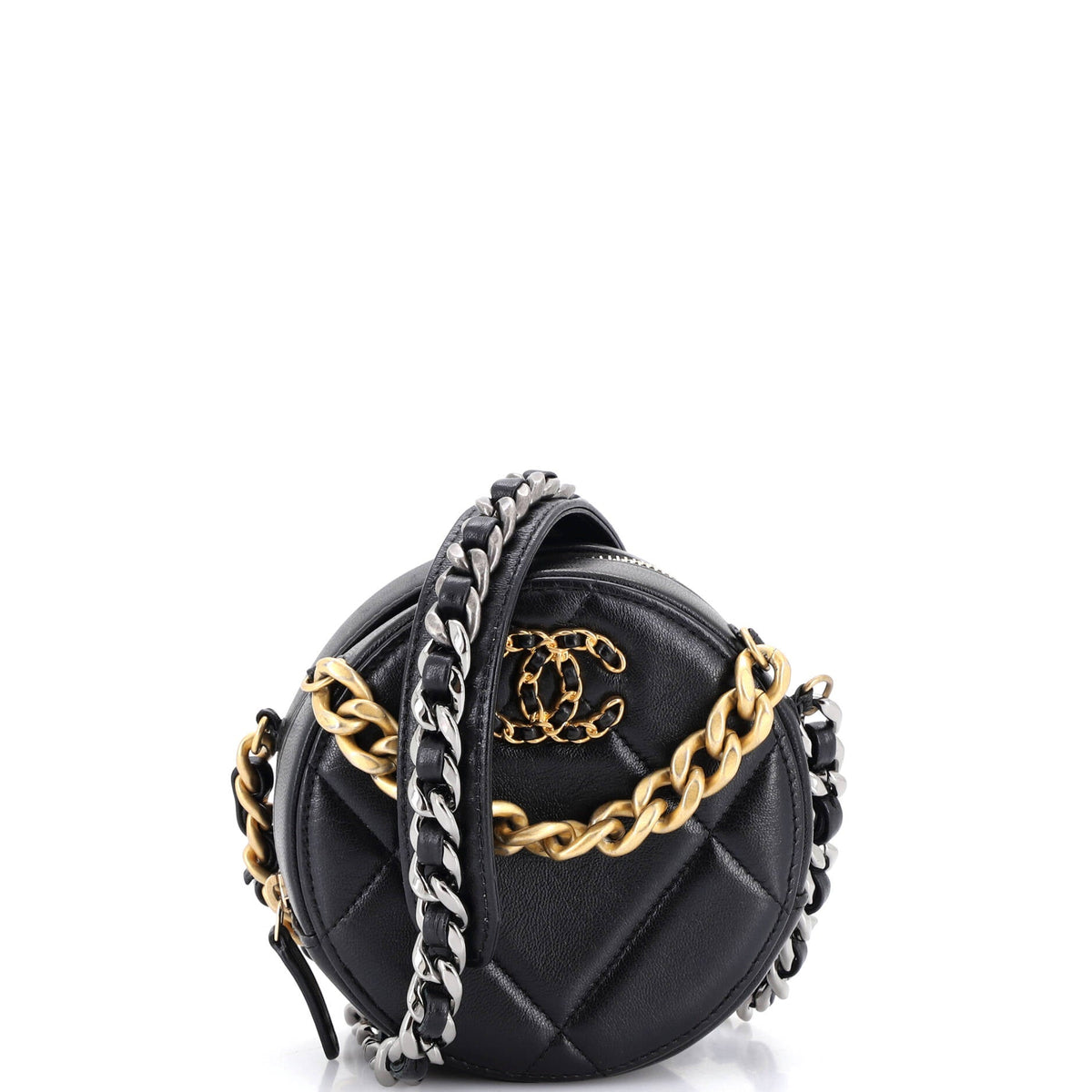 19 Round Clutch with Chain Quilted Leather
